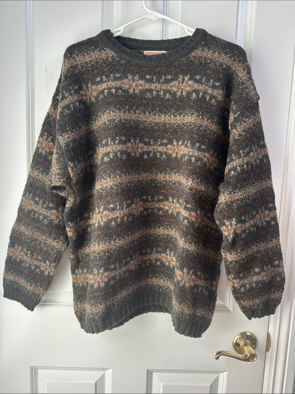Woolrich Olive Gray Crewneck Sweater with Tan & Cream Pattern